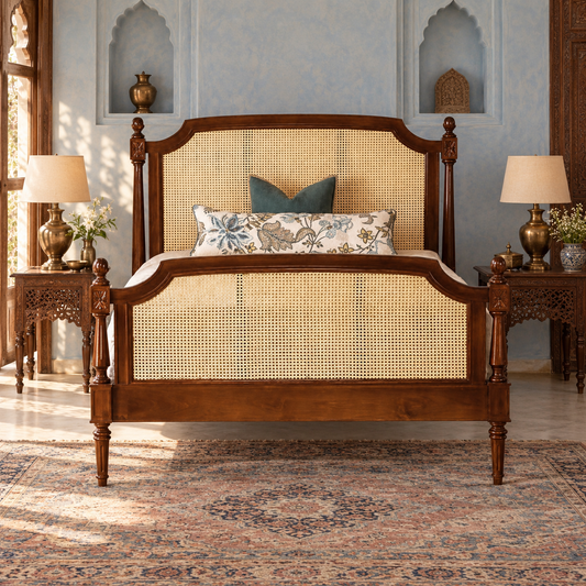 Heritage Cane Wooden Bed in teak wood — front view styled in bedroom