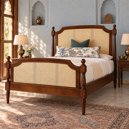 Heritage Cane Wooden Bed in teak wood — side view styled in bedroom