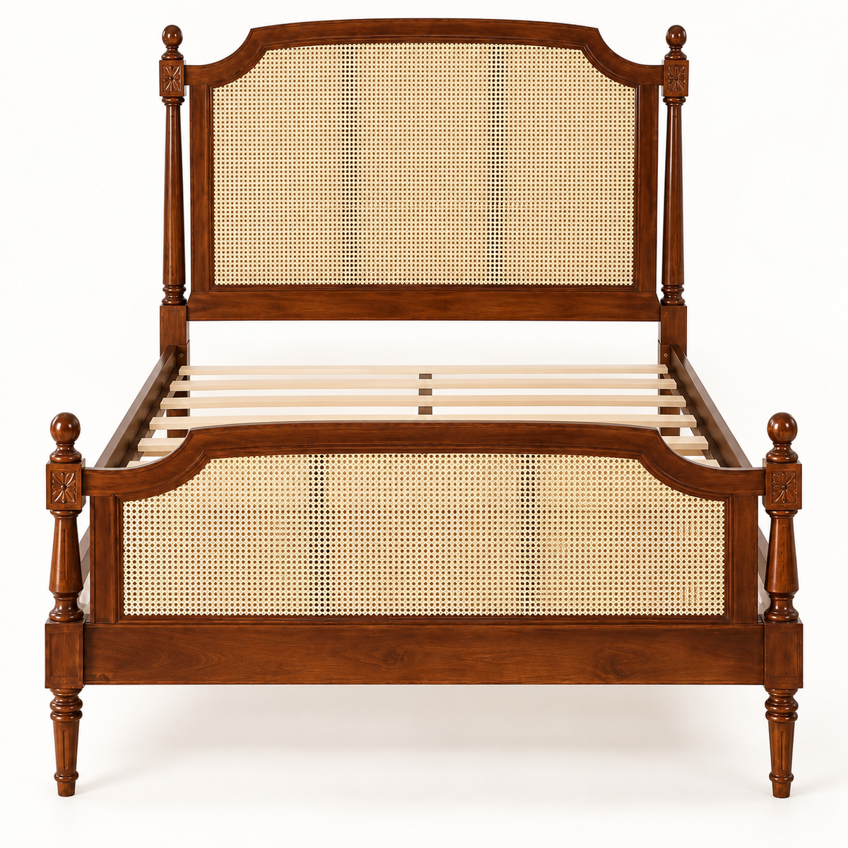 Heritage Cane Wooden Bed in teak wood — front studio view of bare frame