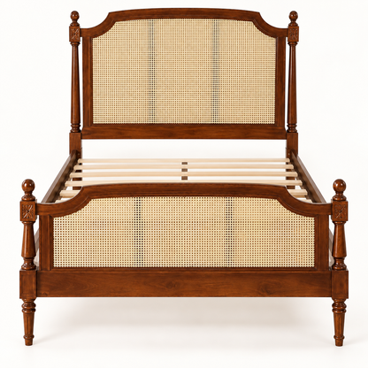 Heritage Cane Wooden Bed in teak wood — front studio view of bare frame