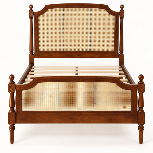 Heritage Cane Wooden Bed in teak wood — front studio view of bare frame