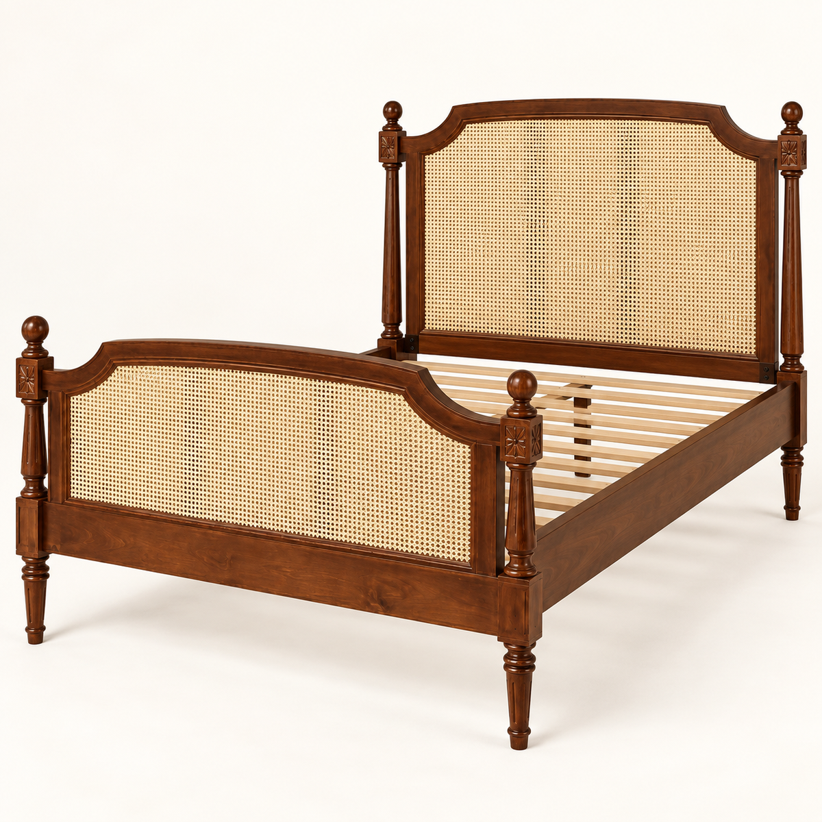 Heritage Cane Wooden Bed in teak wood — side studio view of bare frame
