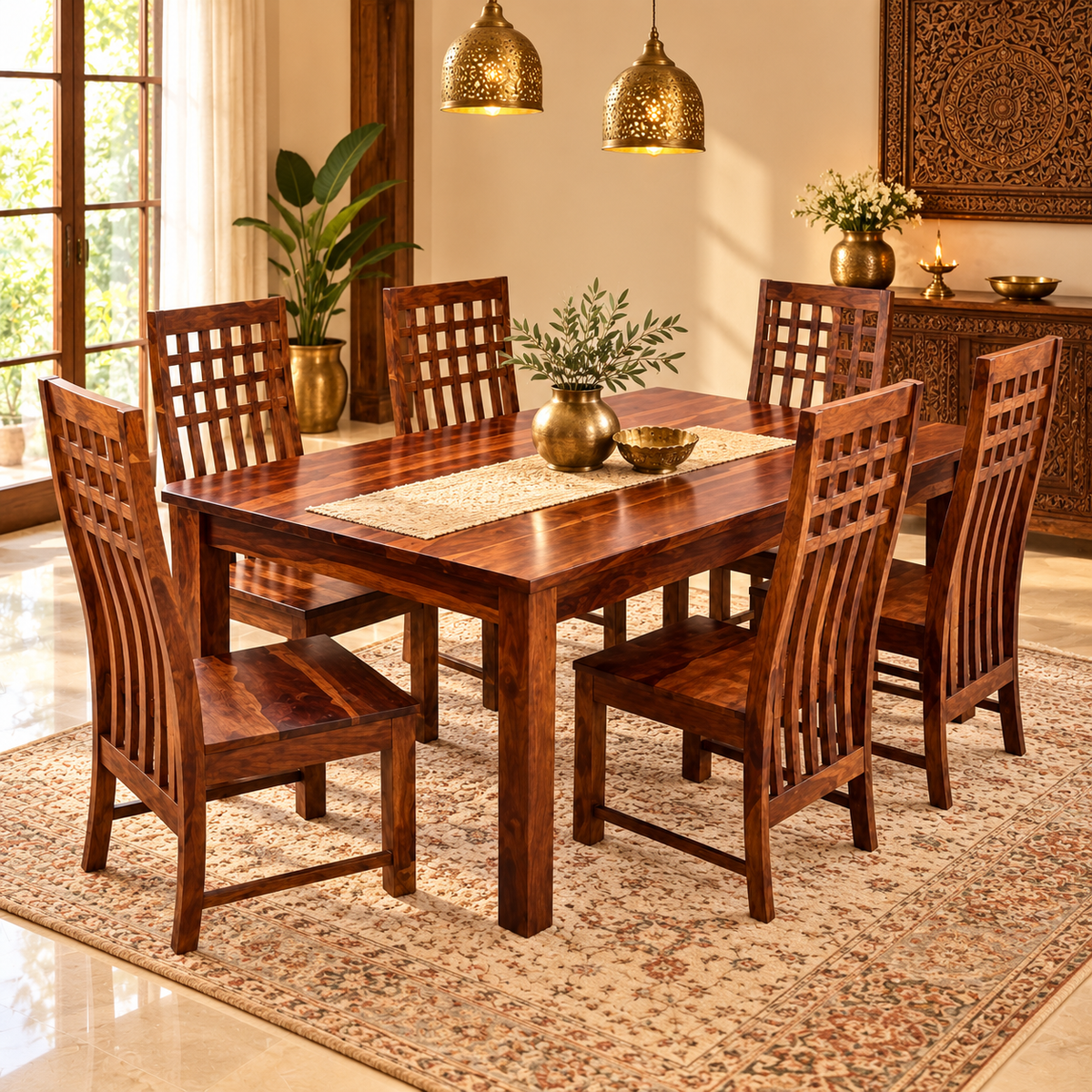 A 7-piece dark brown wooden dining set consisting of a rectangular table and six matching high-back chairs, styled in a warm, traditional dining room with a patterned rug, hanging pendant lights, and decorative plants.