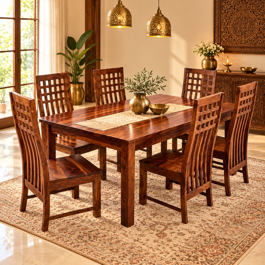 A 7-piece dark brown wooden dining set consisting of a rectangular table and six matching high-back chairs, styled in a warm, traditional dining room with a patterned rug, hanging pendant lights, and decorative plants.