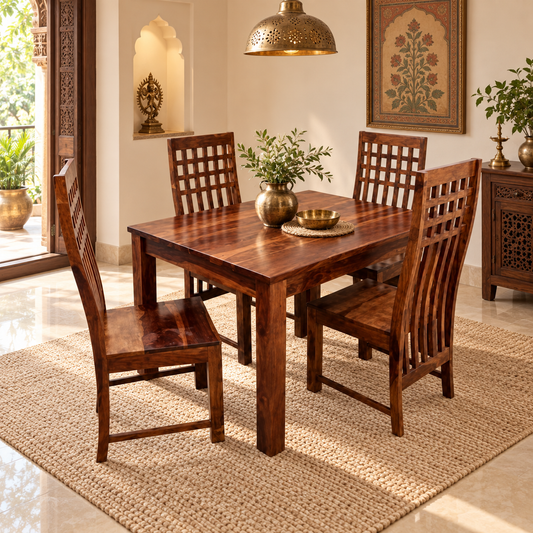 A dark brown wooden dining table with four matching slatted chairs, set on a woven jute rug in a warmly lit, traditional Indian dining room.