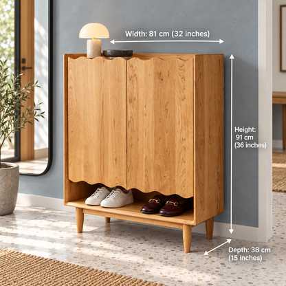 Honey-Finish Scalloped Shoe Cabinet dimensions: 81 cm W × 38 cm D × 91 cm H (32″ × 15″ × 36″)