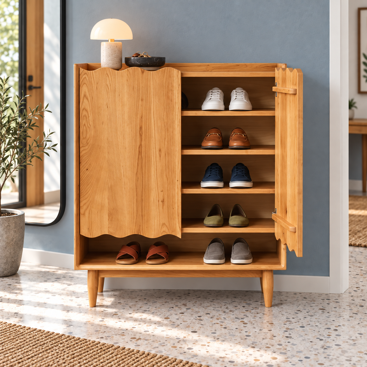 Honey-Finish Scalloped Shoe Cabinet styled in an entryway with footwear and everyday accessories