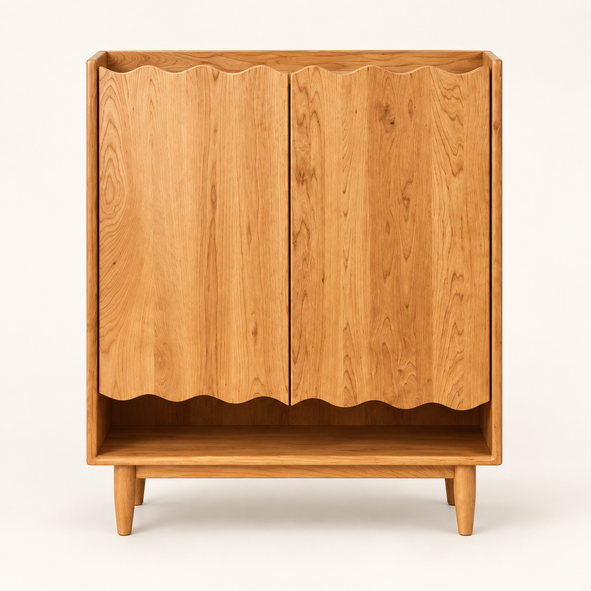 Honey-Finish Scalloped Shoe Cabinet clean front studio view in honey finish