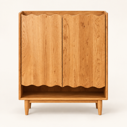 Honey-Finish Scalloped Shoe Cabinet clean front studio view in honey finish