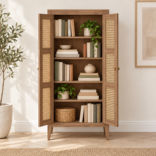 Honey teak-finish book cabinet with doors open