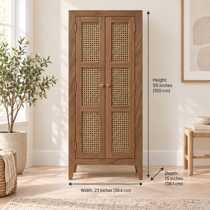 Honey teak-finish cane bookshelf with doors and dimensions