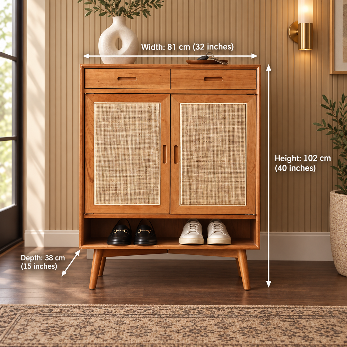 Honey Teak Cane Shoe Cabinet with Shelves dimensions: 81 cm W × 38 cm D × 102 cm H (32″ × 15″ × 40″)