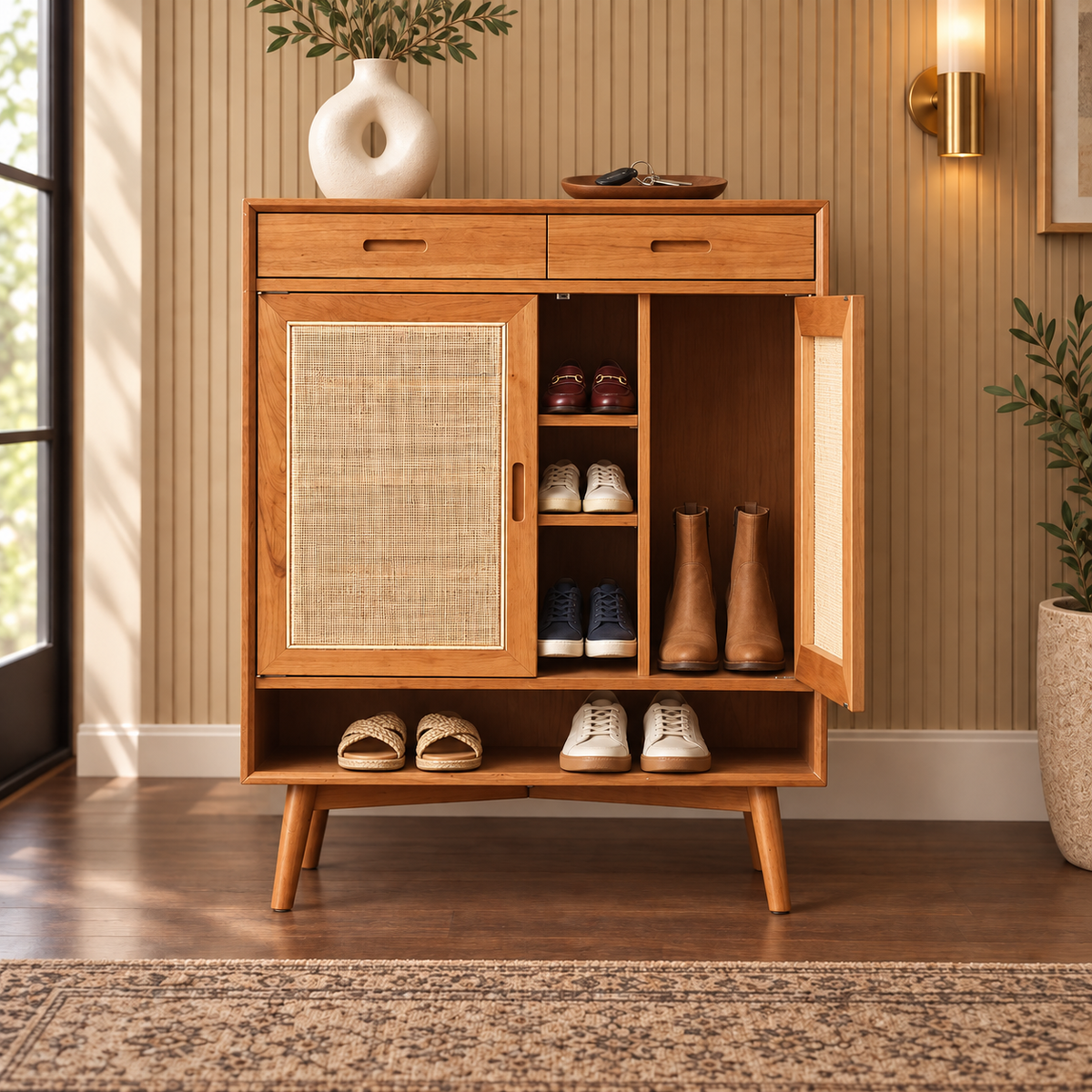 Honey Teak Cane Shoe Cabinet with Shelves styled in an entryway with footwear and everyday accessories