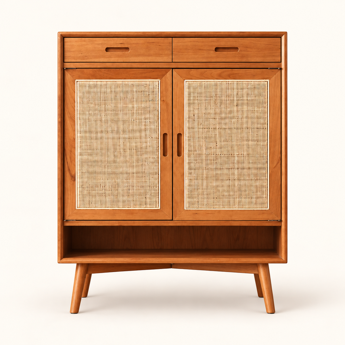Honey Teak Cane Shoe Cabinet with Shelves clean front studio view in honey teak finish