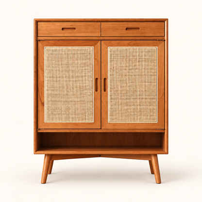 Honey Teak Cane Shoe Cabinet with Shelves clean front studio view in honey teak finish