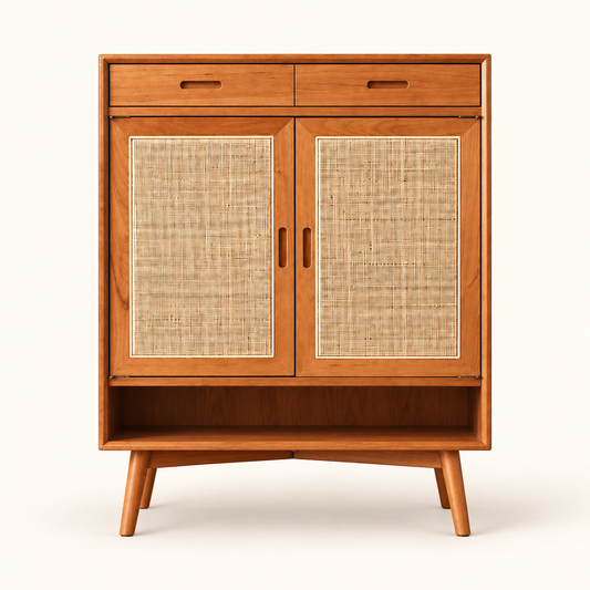 Honey Teak Cane Shoe Cabinet with Shelves clean front studio view in honey teak finish