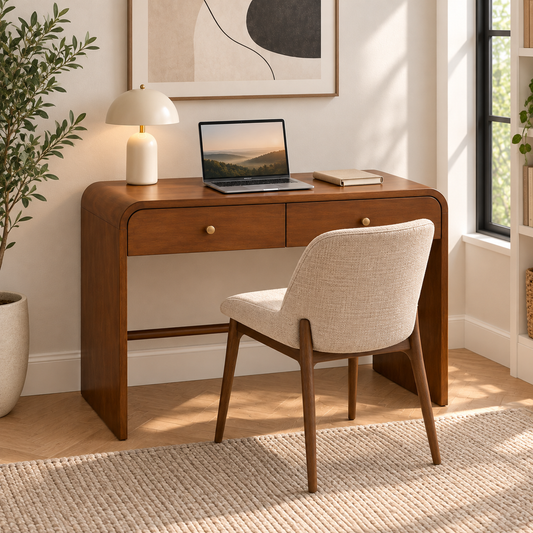 Teak wood study table used as a compact home-office desk