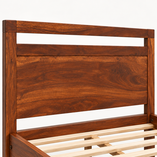 Horizontal Panel Wooden Bed in teak wood — close-up of headboard