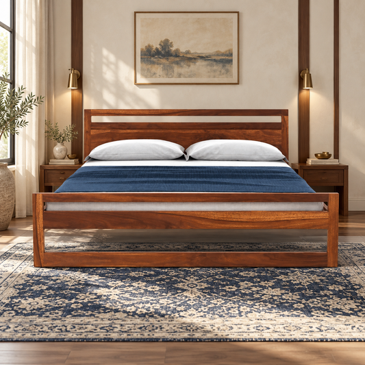 Horizontal Panel Wooden Bed in teak wood — front view styled in bedroom