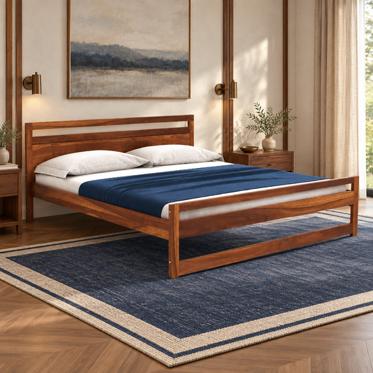 Horizontal Panel Wooden Bed in teak wood — side view styled in bedroom