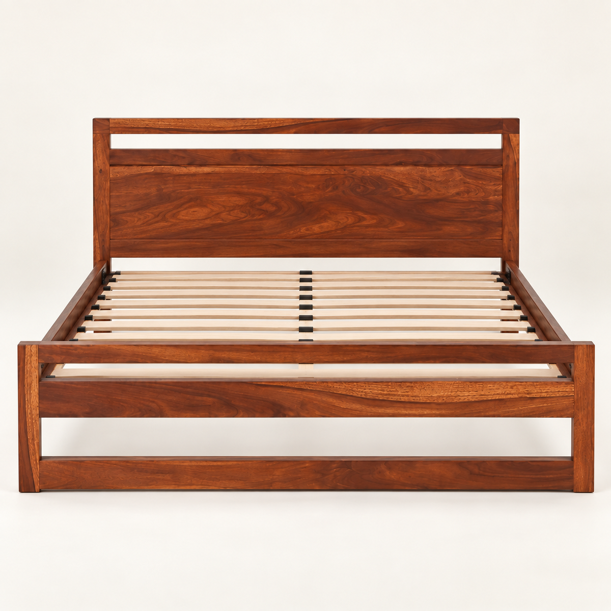 Horizontal Panel Wooden Bed in teak wood — front studio view of bare frame