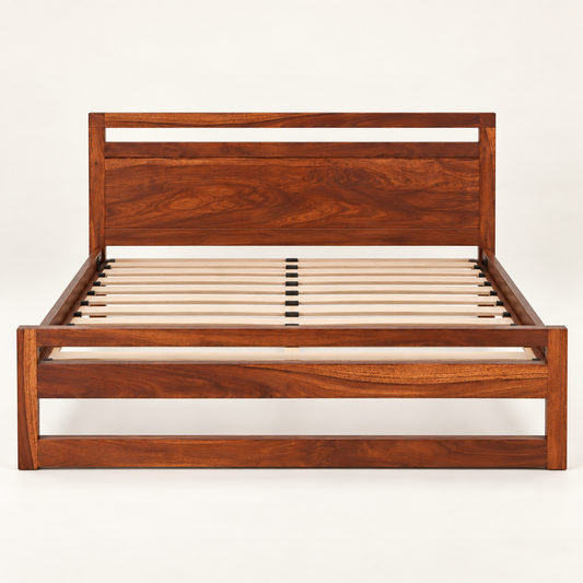 Horizontal Panel Wooden Bed in teak wood — front studio view of bare frame
