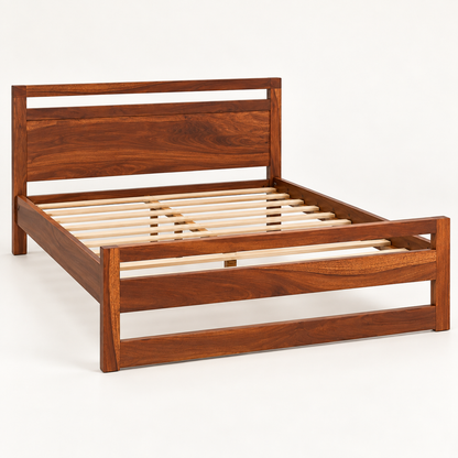 Horizontal Panel Wooden Bed in teak wood — side studio view of bare frame