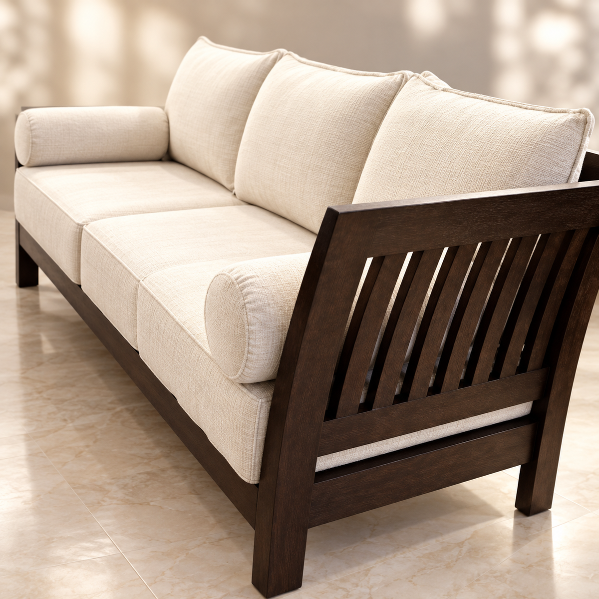 Warm Ivory Teak Wood 3-Seater Sofa — upholstery and wooden detail close-up