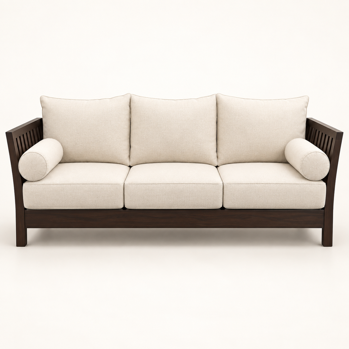 Warm Ivory Teak Wood 3-Seater Sofa — front studio view