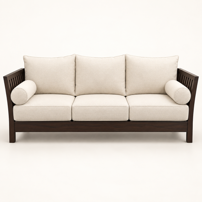 Warm Ivory Teak Wood 3-Seater Sofa — front studio view
