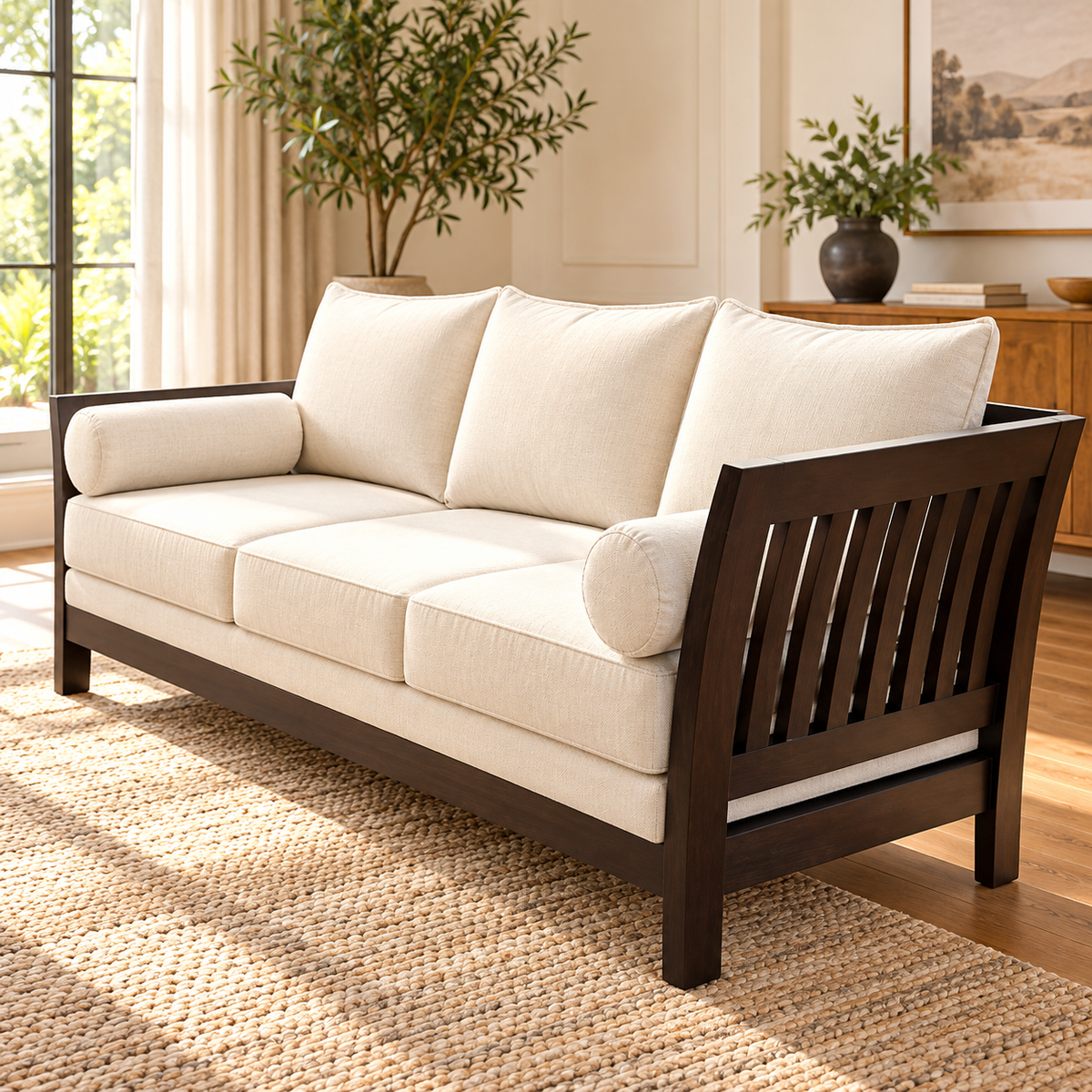 Warm Ivory Teak Wood 3-Seater Sofa — in a styled living room