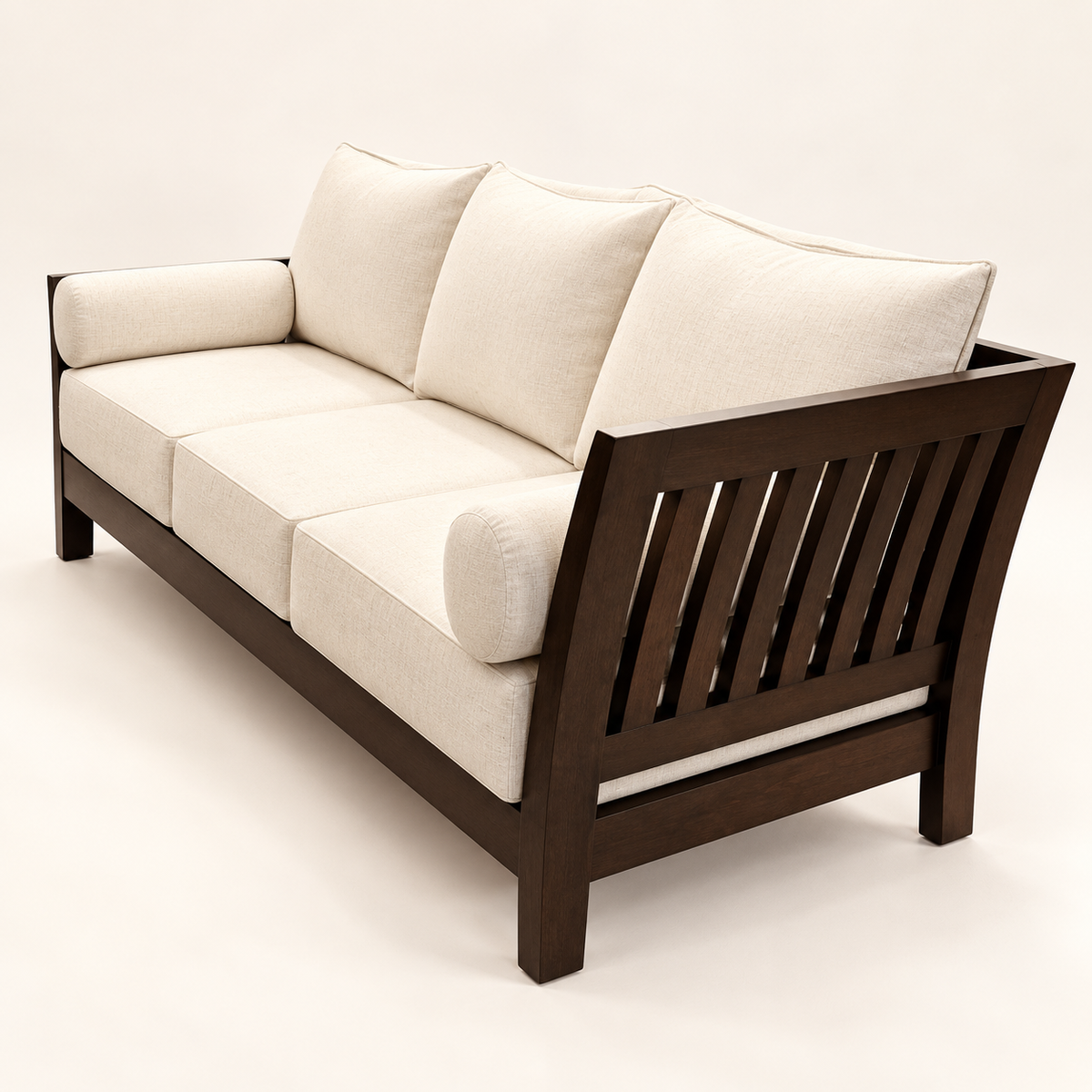 Warm Ivory Teak Wood 3-Seater Sofa — angled side view
