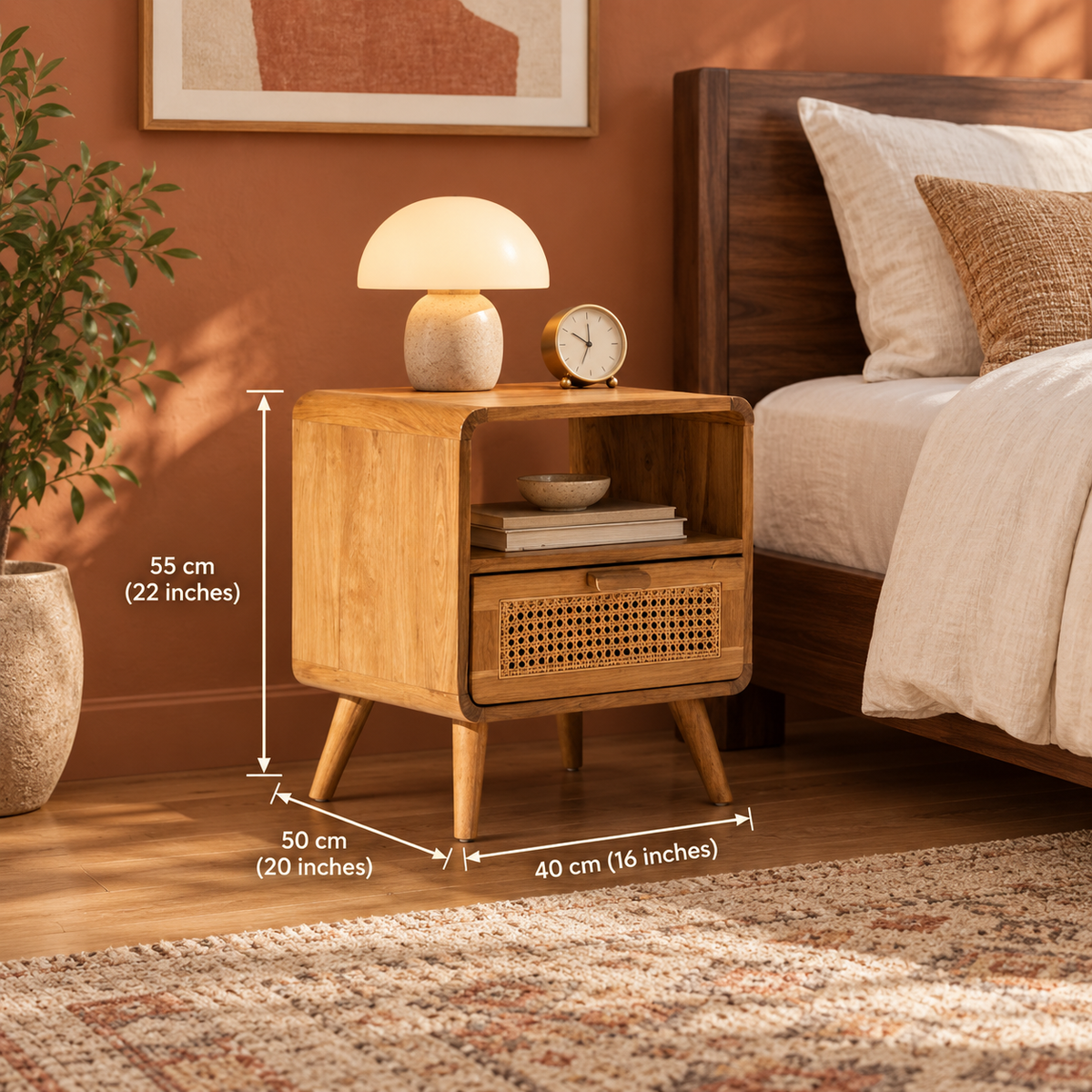 Sheesham wood bedside table in a bedroom setting