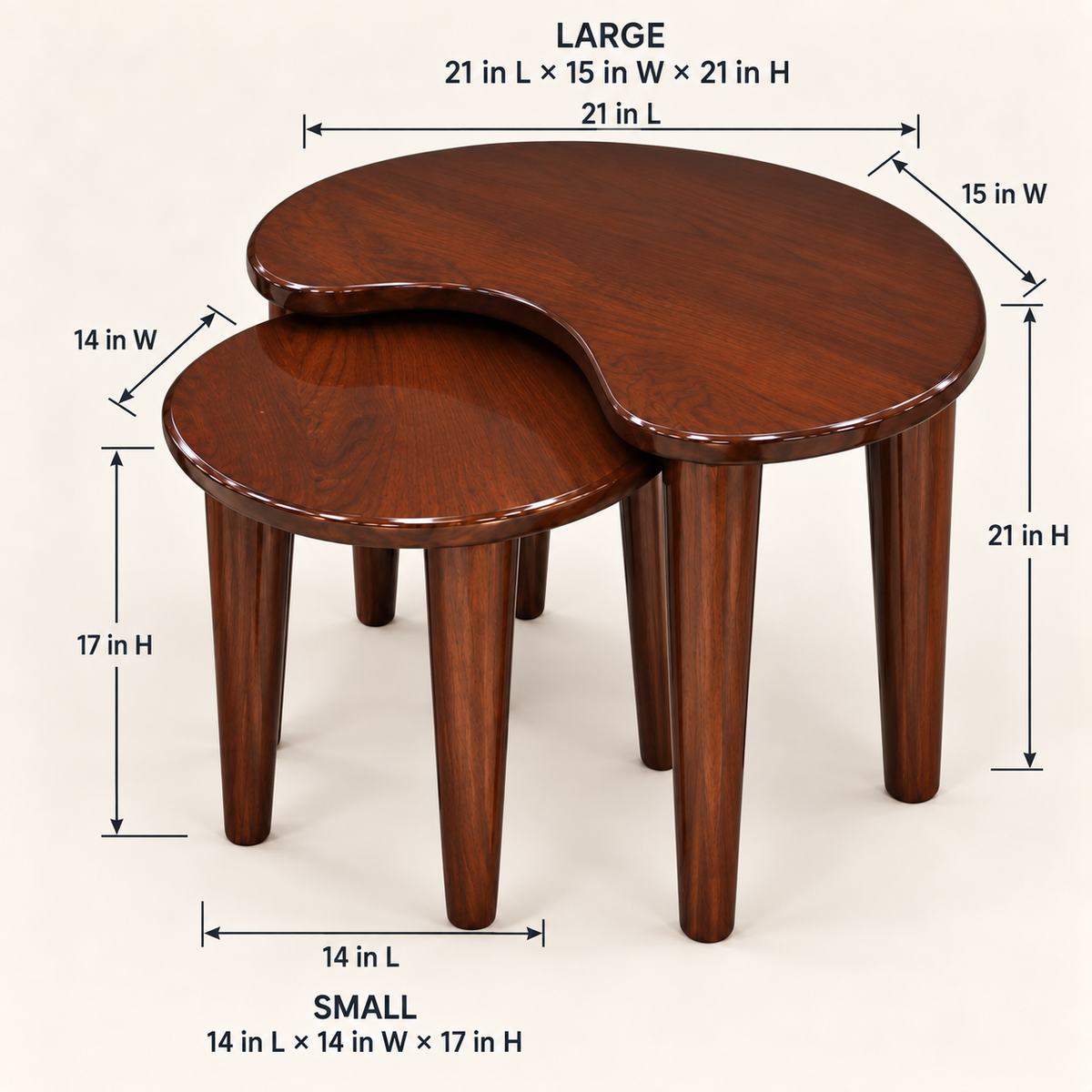 Kidney-Shaped Teak Wood Nesting Tables – Set of 2 dimensions and measurements