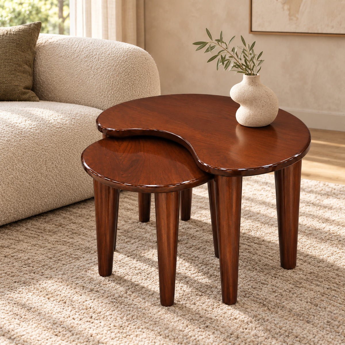 Kidney-Shaped Teak Wood Nesting Tables – Set of 2 styled in a home interior