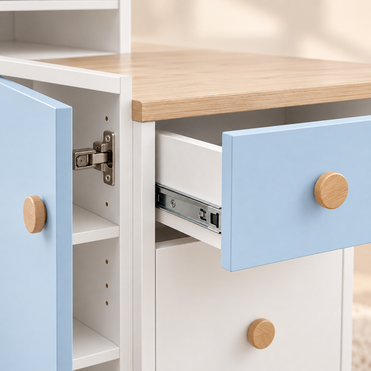 Side-angle view of blue study desk with tall bookshelves