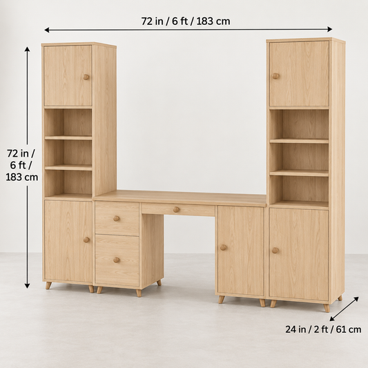 Study-table storage unit measuring 72 inches wide and high