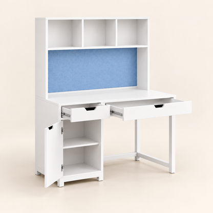 Kids study table showing drawers, cabinet shelves and bookshelf storage