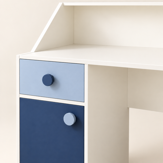 Close-up of kids study table drawer, cabinet and Sunmica finish