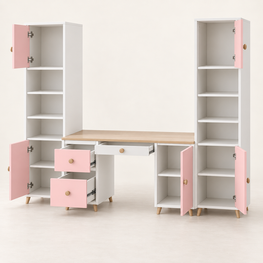 Pink kids study table showing cabinets, shelves and drawers