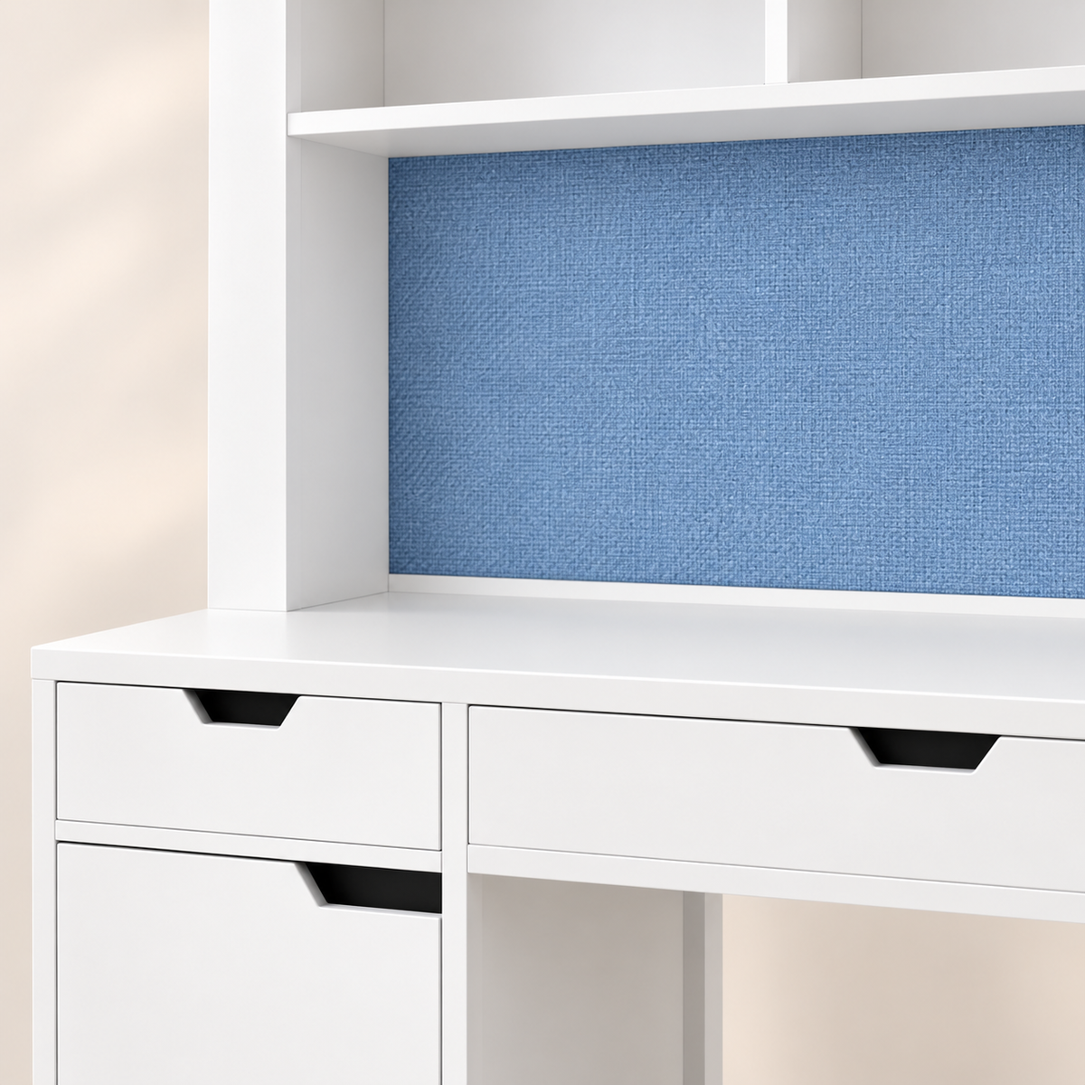 Close-up of kids study table pinboard, drawers and Sunmica finish