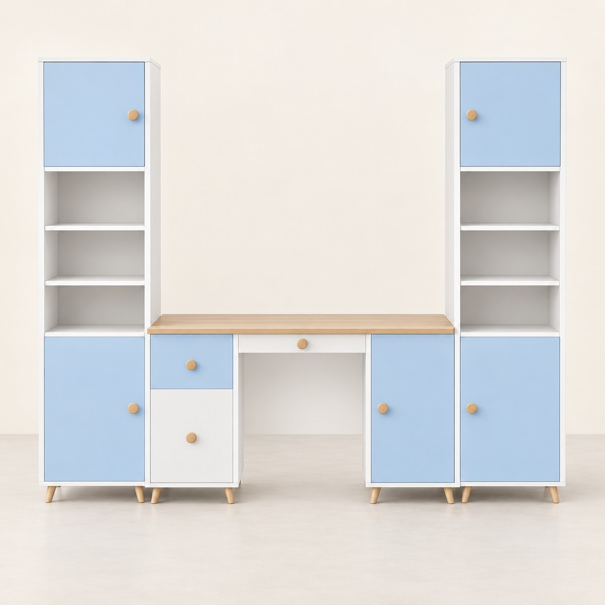 Front studio view of blue kids study table and storage unit