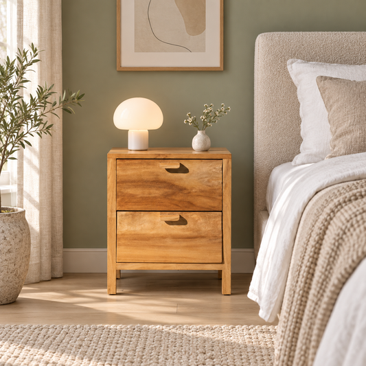 Light Finish Bedside Table with Two Drawers styled beside a bed