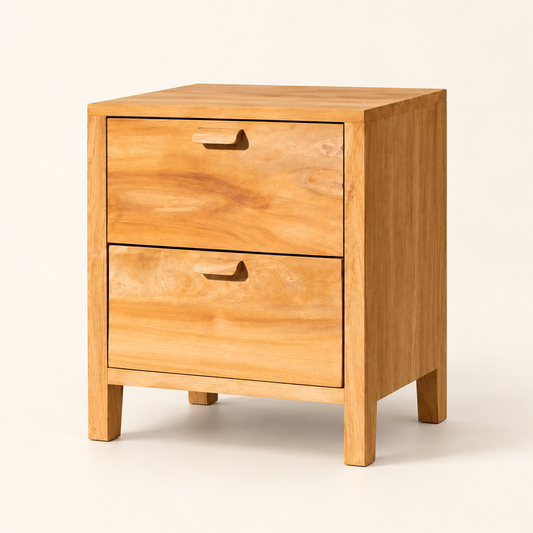 Light Finish Bedside Table with Two Drawers clean studio view with storage closed