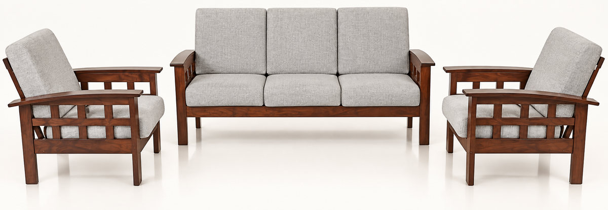 Light Grey Grid-Arm Teak Wood Sofa Set (3+1+1) complete set front view