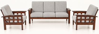 Light Grey Grid-Arm Teak Wood Sofa Set (3+1+1) complete set front view