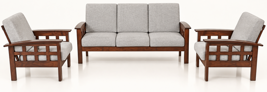 Light Grey Grid-Arm Teak Wood Sofa Set (3+1+1) complete set front view