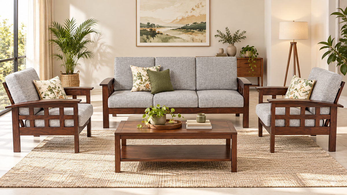 Light Grey Grid-Arm Teak Wood Sofa Set (3+1+1) lifestyle view