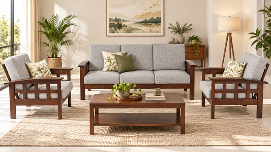 Light Grey Grid-Arm Teak Wood Sofa Set (3+1+1) lifestyle view