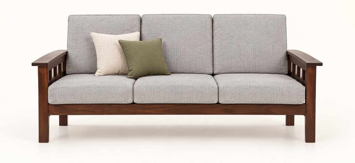 Light Grey Grid-Arm Teak Wood Sofa Set (3+1+1) main sofa view
